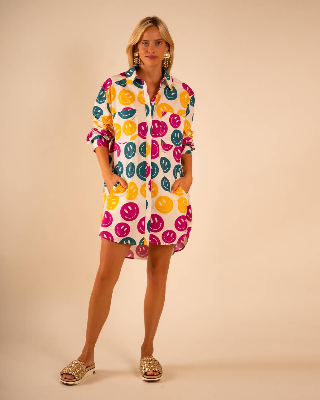 All Over Smiley Preslie Poplin Shirt Dress | Organic Cotton Beltable