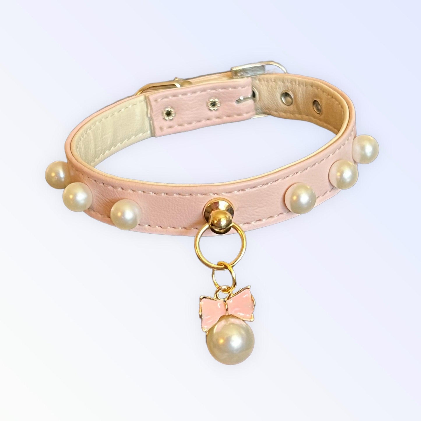 Chic Pearl and Bow Dog Collar in Vegan Leather