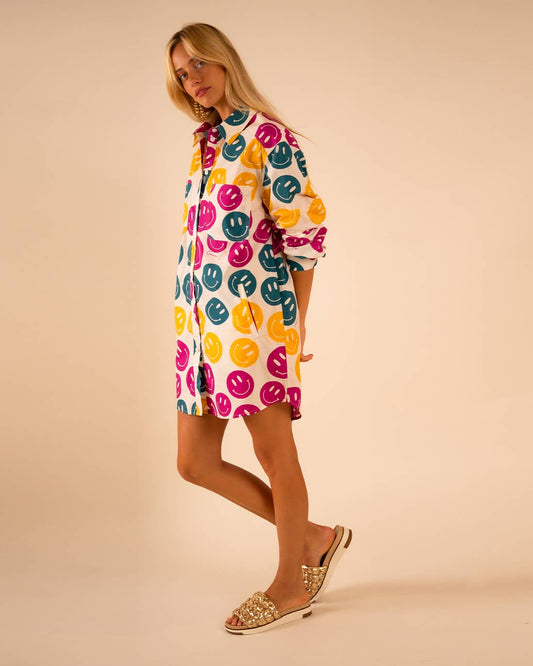All Over Smiley Preslie Poplin Shirt Dress | Organic Cotton Beltable